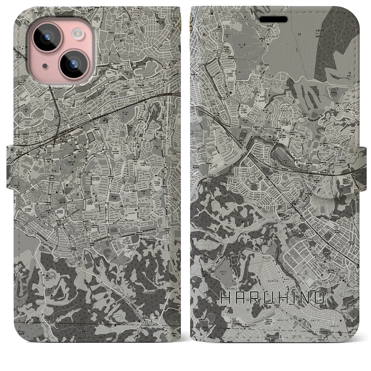 【はるひ野(神奈川県)】地図柄iPhoneケース(手帳タイプ)モノトーン・iPhone 15 Plus 用