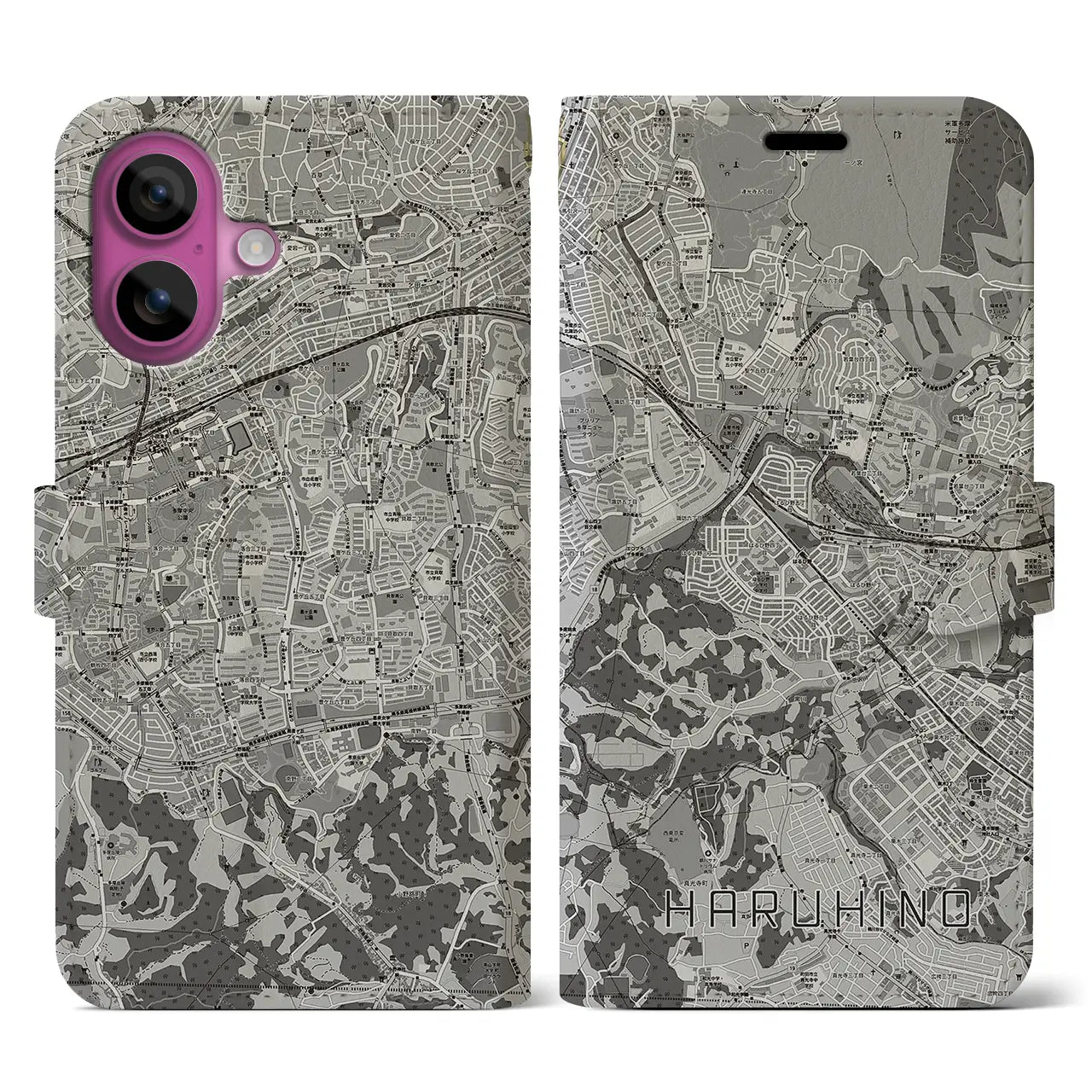 【はるひ野(神奈川県)】地図柄iPhoneケース(手帳タイプ)モノトーン・iPhone 16 Pro 用
