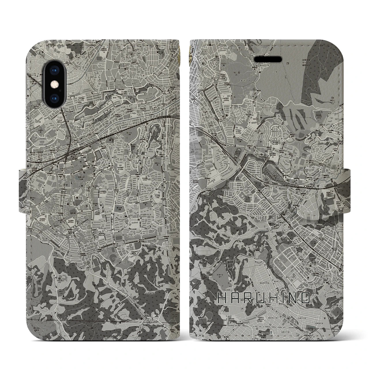 【はるひ野(神奈川県)】地図柄iPhoneケース(手帳タイプ)モノトーン・iPhone XS / X 用