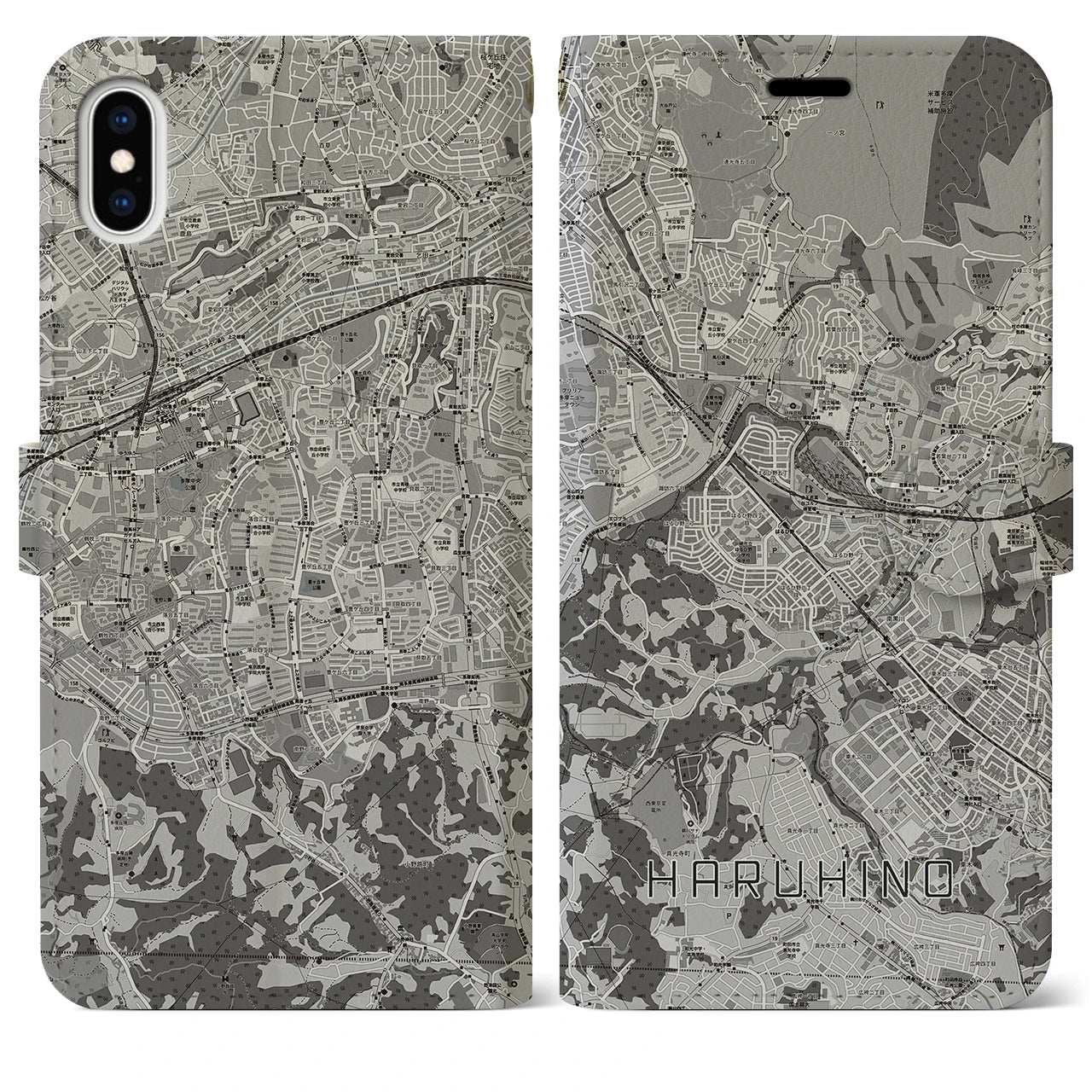 【はるひ野(神奈川県)】地図柄iPhoneケース(手帳タイプ)モノトーン・iPhone XS Max 用