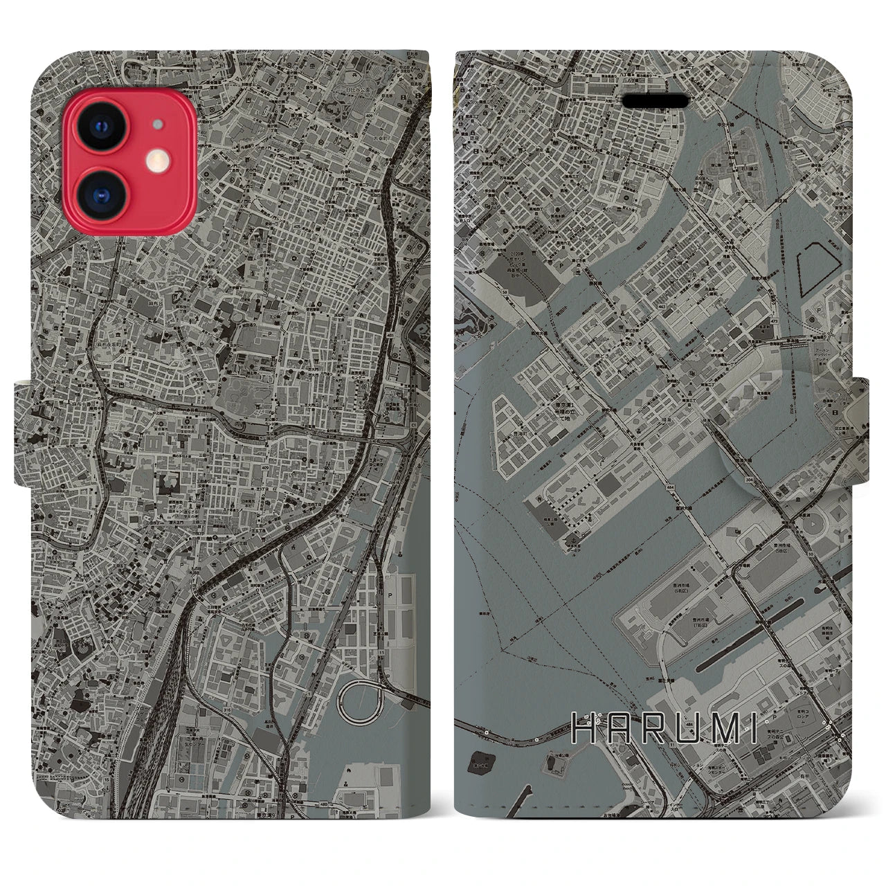 【晴海(東京都)】地図柄iPhoneケース(手帳タイプ)モノトーン・iPhone 11 用