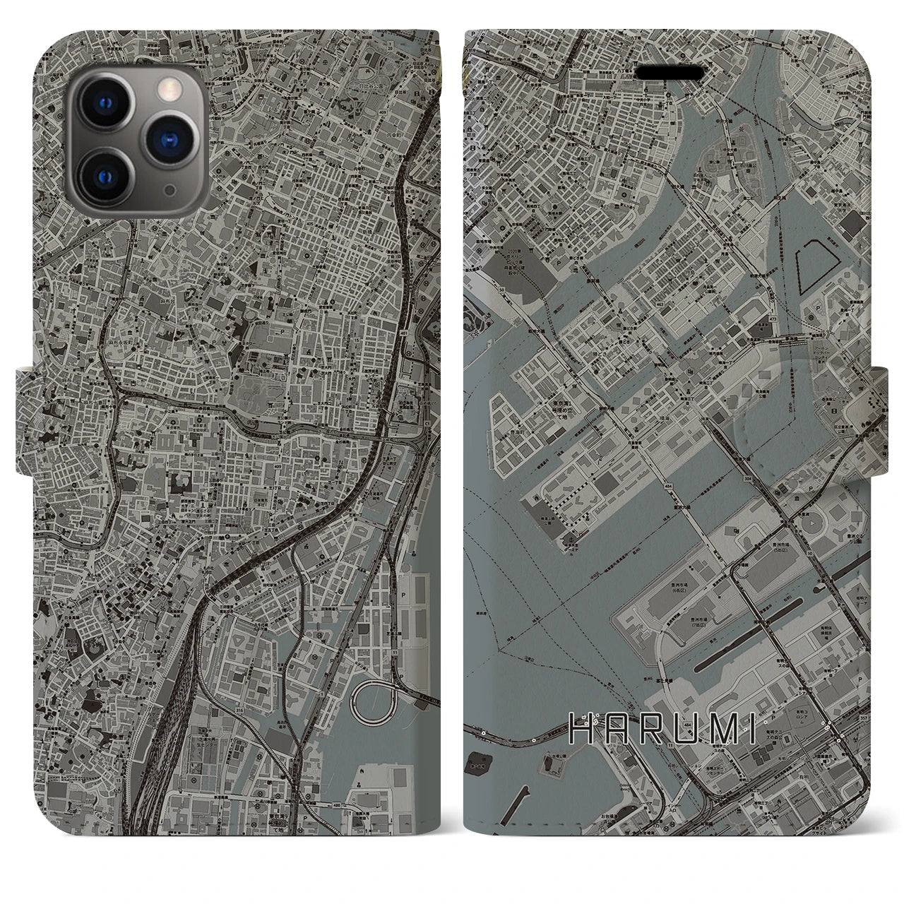 【晴海(東京都)】地図柄iPhoneケース(手帳タイプ)モノトーン・iPhone 11 Pro Max 用