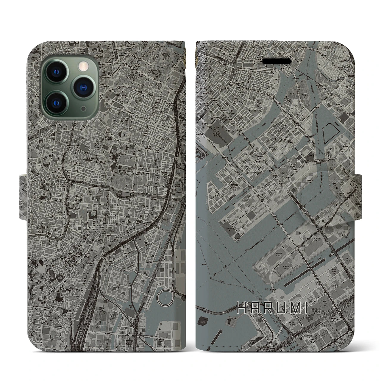 【晴海(東京都)】地図柄iPhoneケース(手帳タイプ)モノトーン・iPhone 11 Pro 用