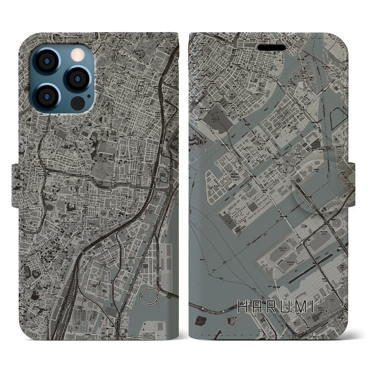 【晴海(東京都)】地図柄iPhoneケース(手帳タイプ)モノトーン・iPhone 12 / 12 Pro 用