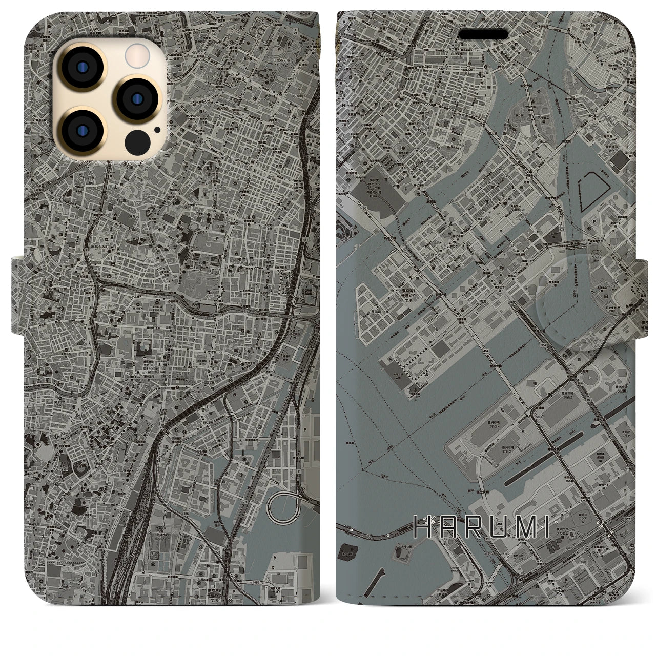 【晴海(東京都)】地図柄iPhoneケース(手帳タイプ)モノトーン・iPhone 12 Pro Max 用