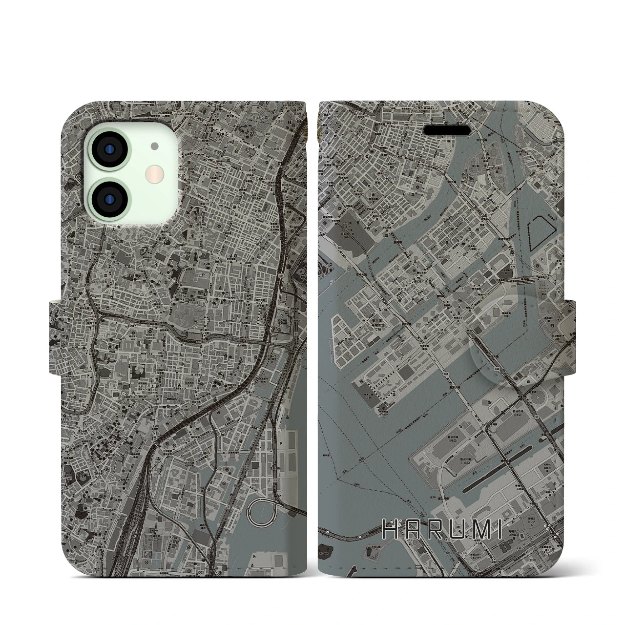 【晴海(東京都)】地図柄iPhoneケース(手帳タイプ)モノトーン・iPhone 12 mini 用
