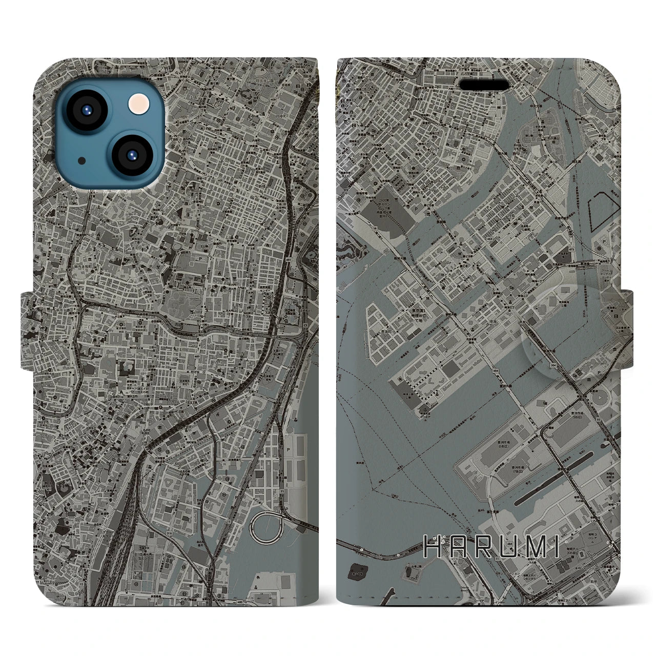 【晴海(東京都)】地図柄iPhoneケース(手帳タイプ)モノトーン・iPhone 13 用