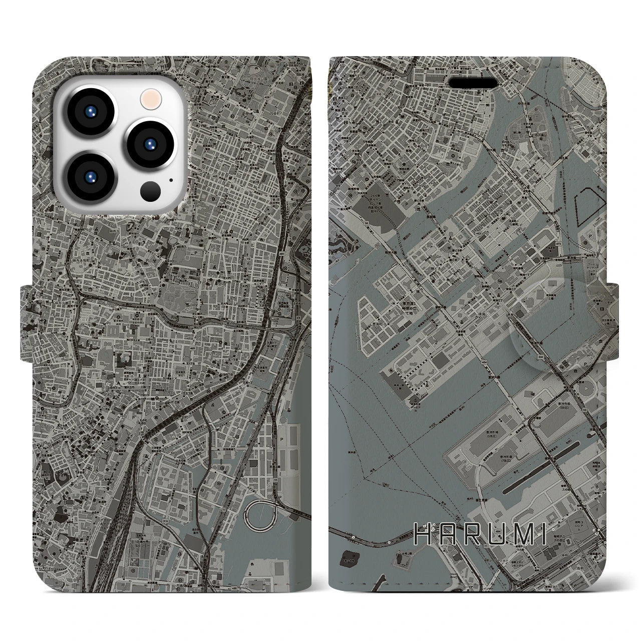 【晴海(東京都)】地図柄iPhoneケース(手帳タイプ)モノトーン・iPhone 13 Pro 用