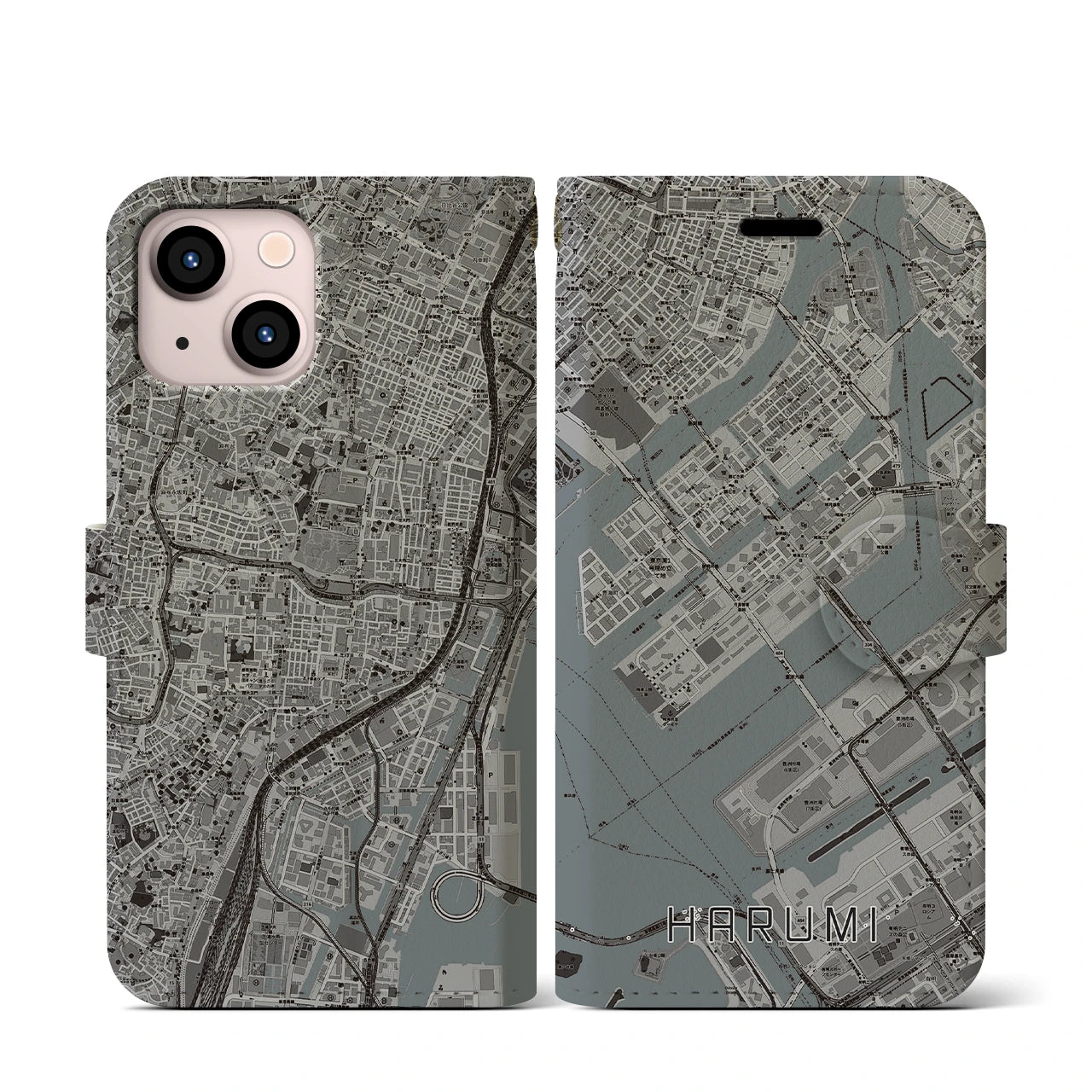 【晴海(東京都)】地図柄iPhoneケース(手帳タイプ)モノトーン・iPhone 13 mini 用