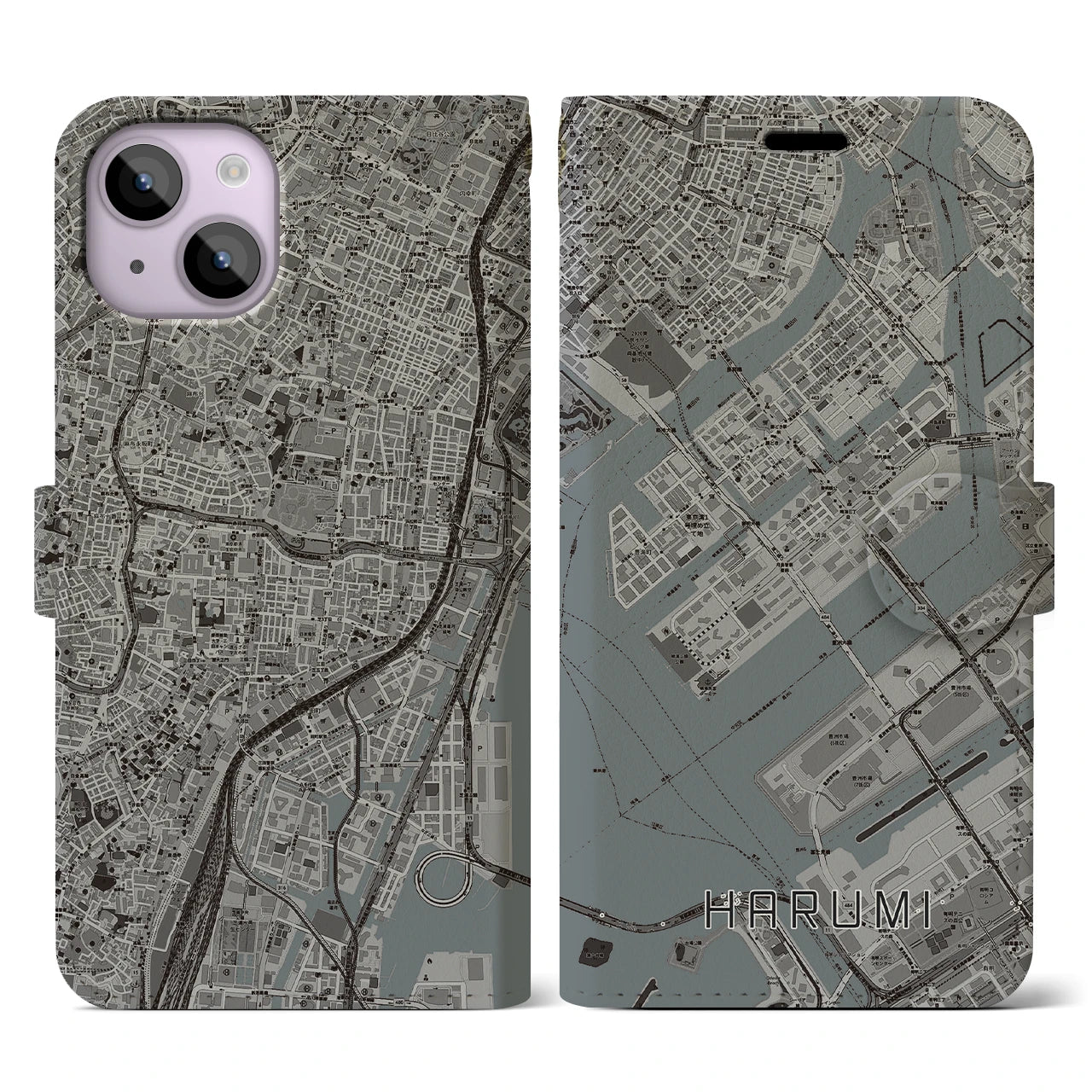 【晴海(東京都)】地図柄iPhoneケース(手帳タイプ)モノトーン・iPhone 14 用