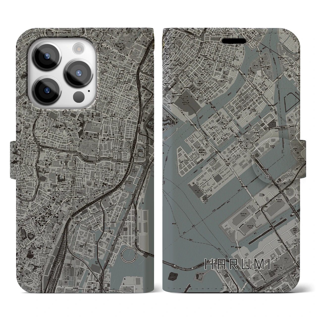 【晴海(東京都)】地図柄iPhoneケース(手帳タイプ)モノトーン・iPhone 14 Pro 用