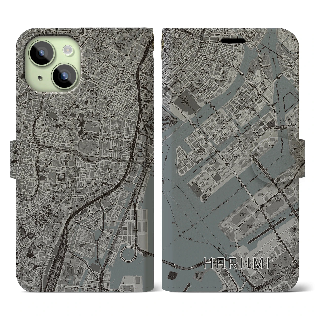 【晴海(東京都)】地図柄iPhoneケース(手帳タイプ)モノトーン・iPhone 15 用