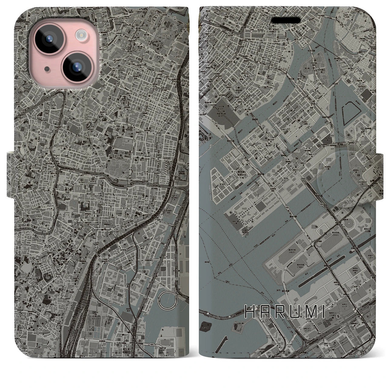 【晴海(東京都)】地図柄iPhoneケース(手帳タイプ)モノトーン・iPhone 15 Plus 用