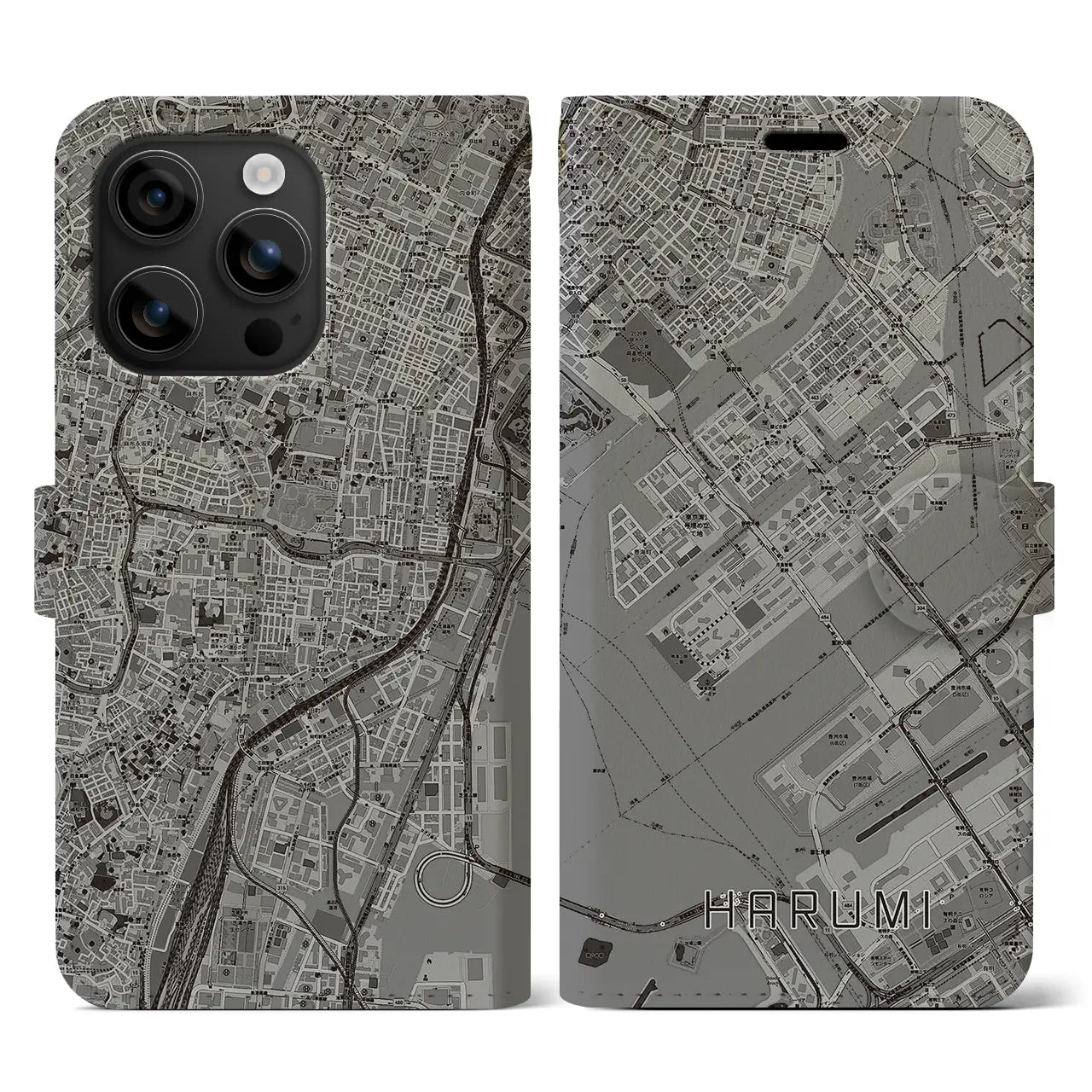 【晴海(東京都)】地図柄iPhoneケース(手帳タイプ)モノトーン・iPhone 16 用