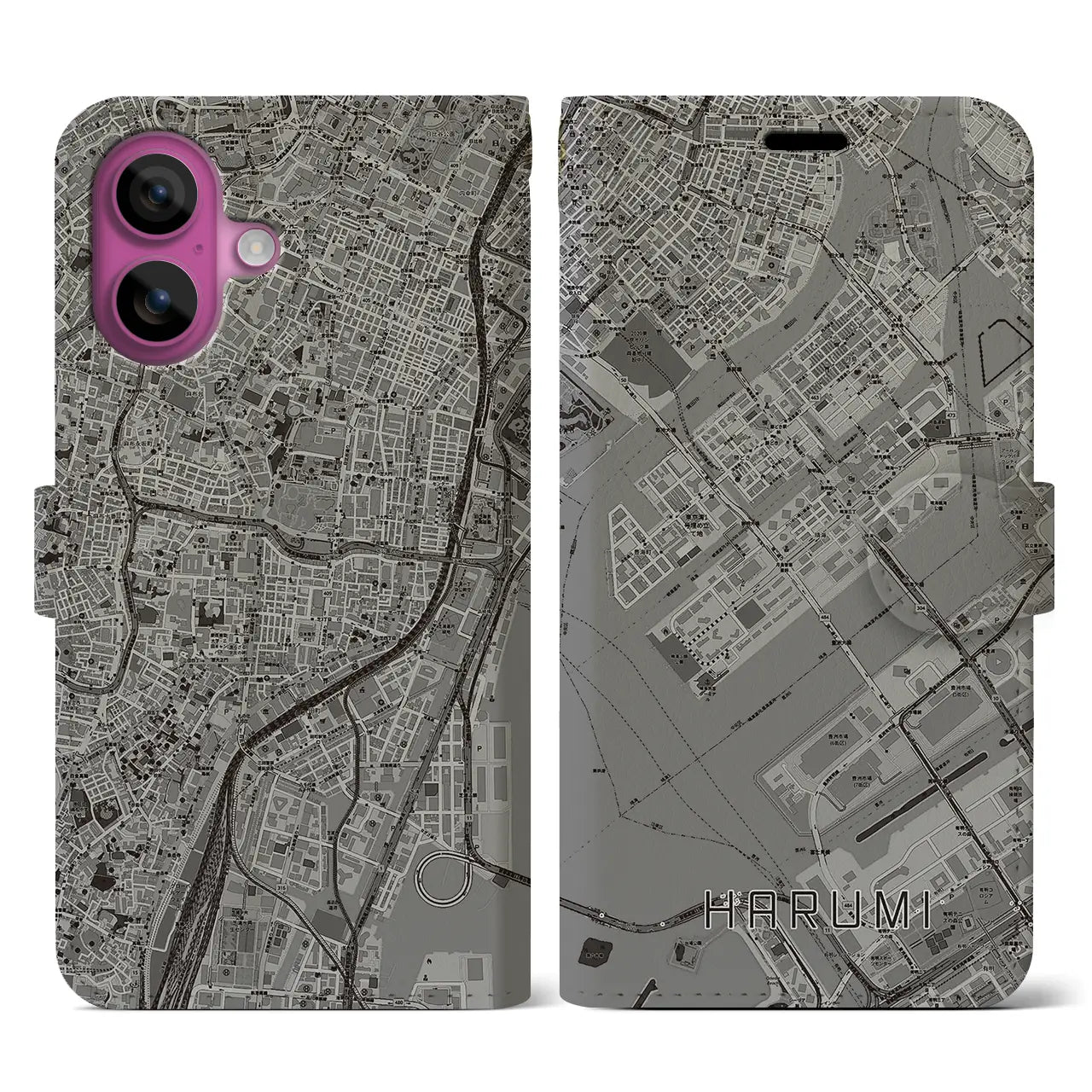 【晴海(東京都)】地図柄iPhoneケース(手帳タイプ)モノトーン・iPhone 16 Pro 用