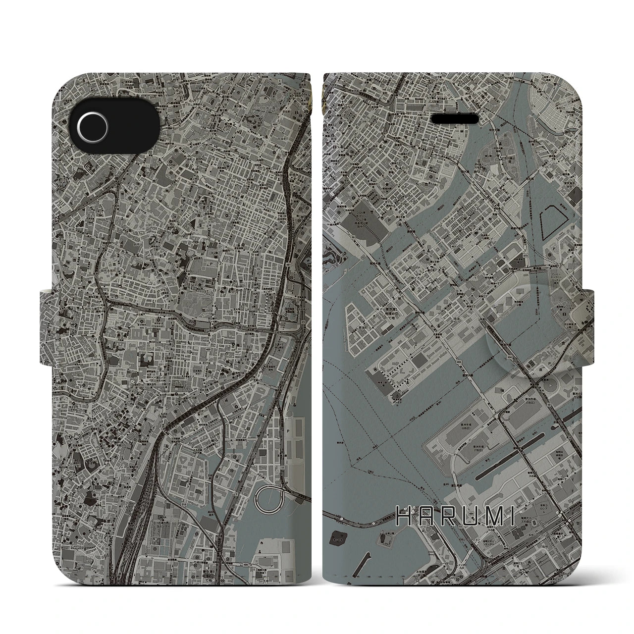 【晴海(東京都)】地図柄iPhoneケース(手帳タイプ)モノトーン・iPhone SE(第3 / 第2世代) / 8 / 7 / 6s / 6 用