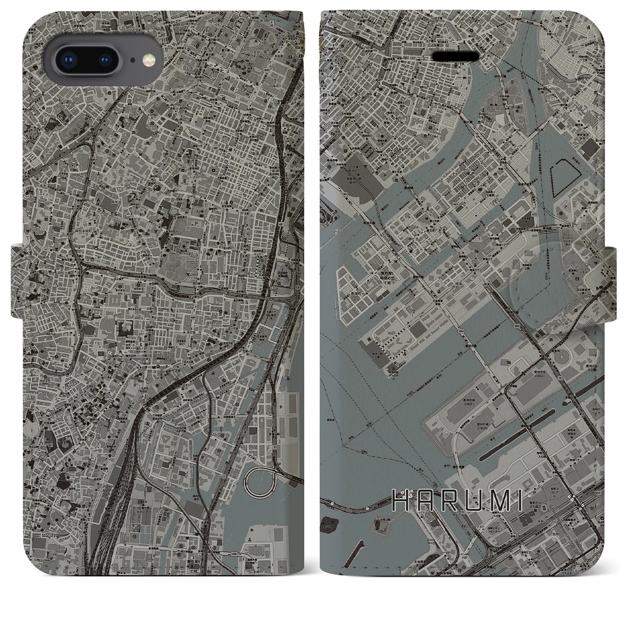 【晴海(東京都)】地図柄iPhoneケース(手帳タイプ)モノトーン・iPhone 8Plus /7Plus / 6sPlus / 6Plus 用