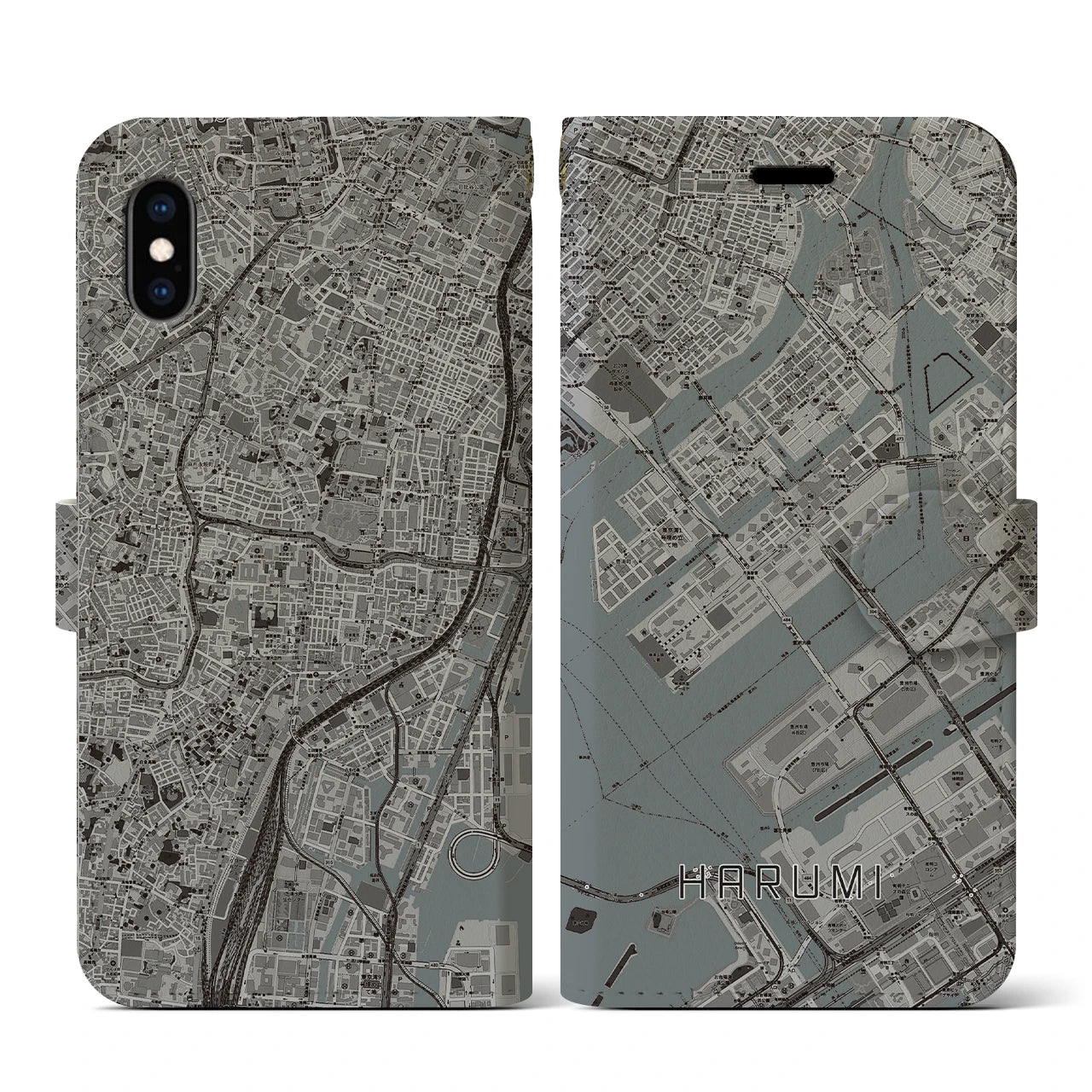 【晴海(東京都)】地図柄iPhoneケース(手帳タイプ)モノトーン・iPhone XS / X 用