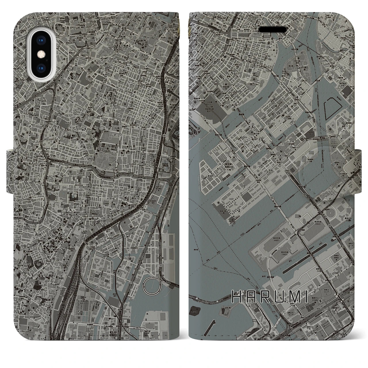 【晴海(東京都)】地図柄iPhoneケース(手帳タイプ)モノトーン・iPhone XS Max 用