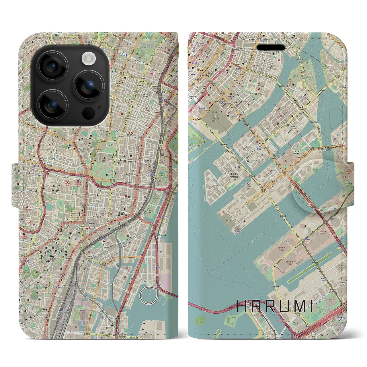 【晴海(東京都)】地図柄iPhoneケース(手帳タイプ)ナチュラル・iPhone 16 用