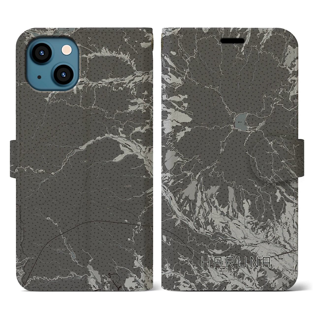 【榛名(群馬県)】地図柄iPhoneケース(手帳タイプ)モノトーン・iPhone 13 用