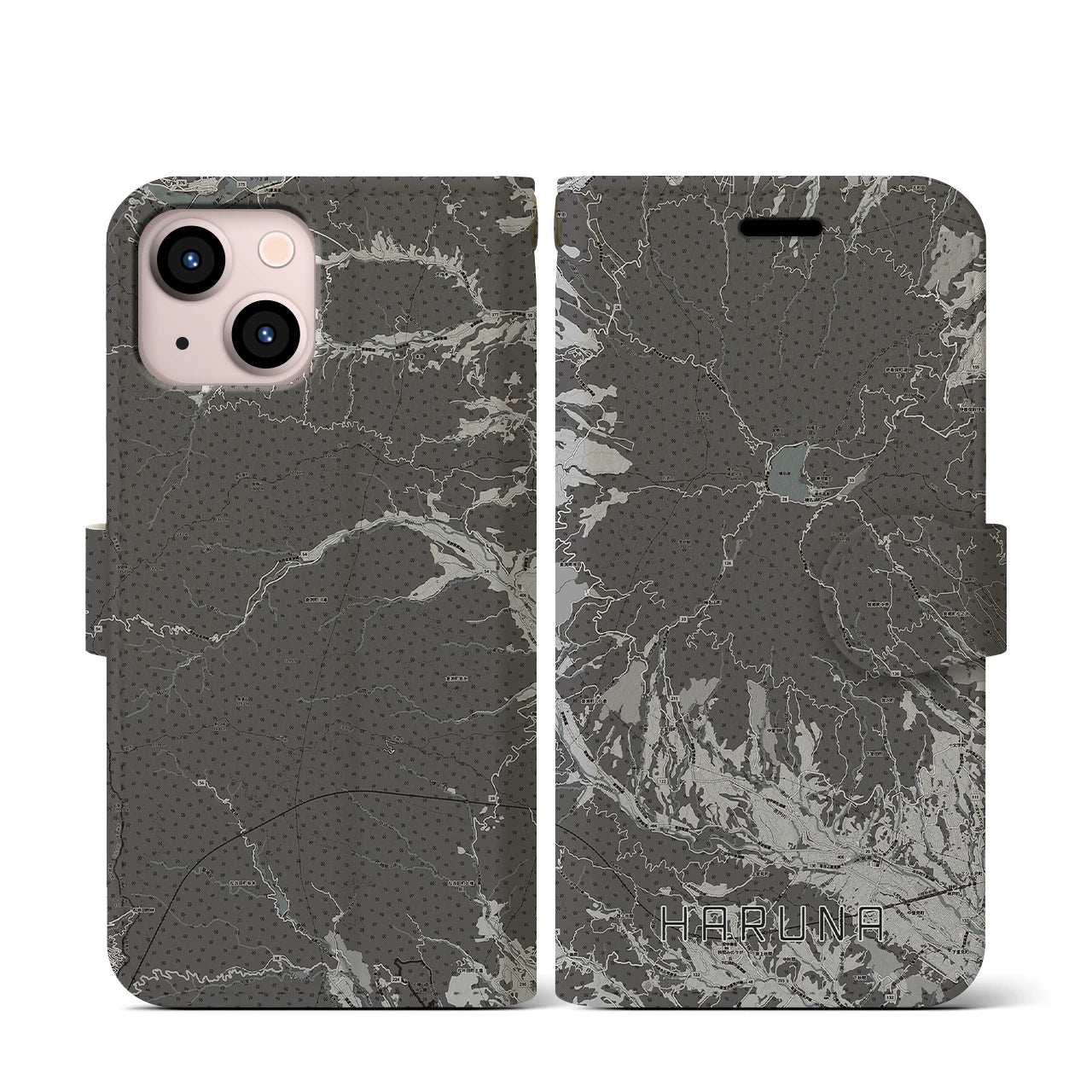 【榛名(群馬県)】地図柄iPhoneケース(手帳タイプ)モノトーン・iPhone 13 mini 用