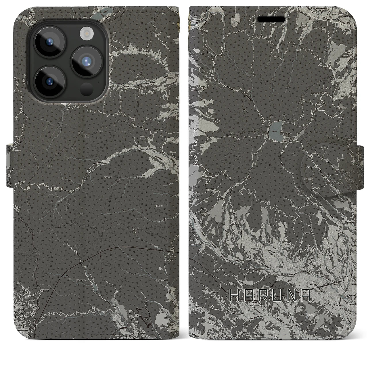 【榛名(群馬県)】地図柄iPhoneケース(手帳タイプ)モノトーン・iPhone 15 Pro Max 用
