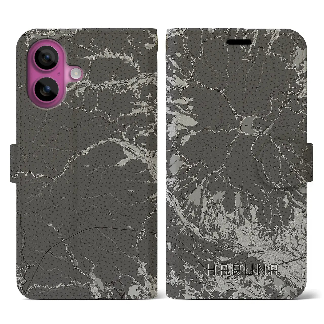 【榛名(群馬県)】地図柄iPhoneケース(手帳タイプ)モノトーン・iPhone 16 Pro 用