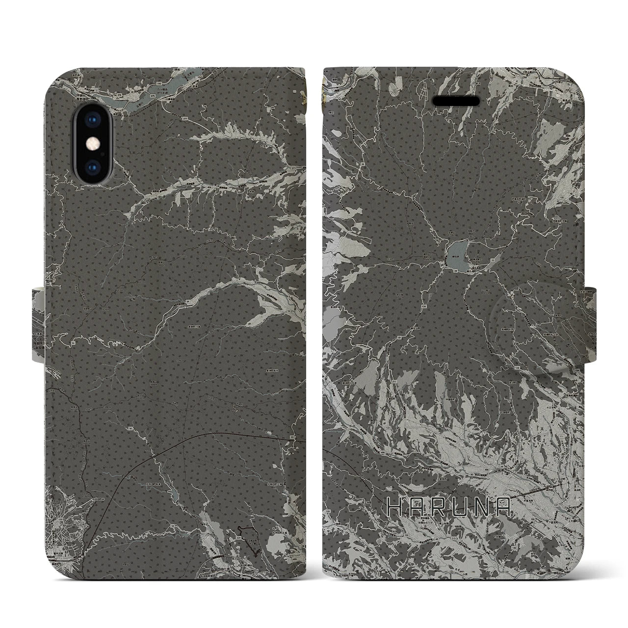 【榛名(群馬県)】地図柄iPhoneケース(手帳タイプ)モノトーン・iPhone XS / X 用