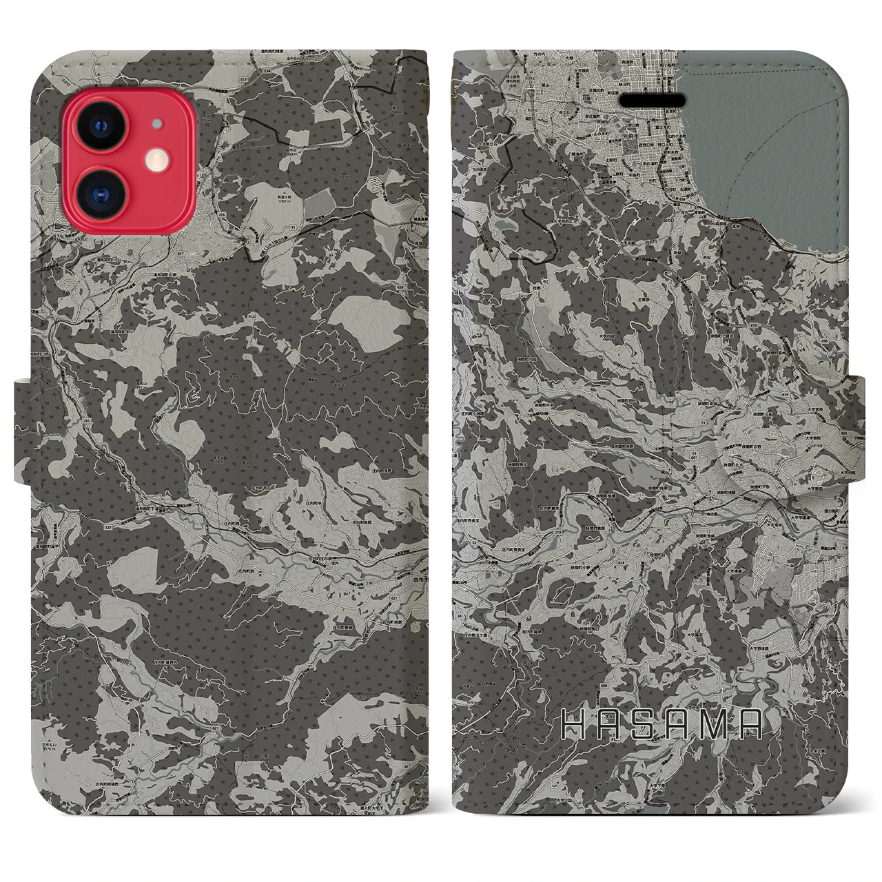 【挾間(大分県)】地図柄iPhoneケース(手帳タイプ)モノトーン・iPhone 11 用