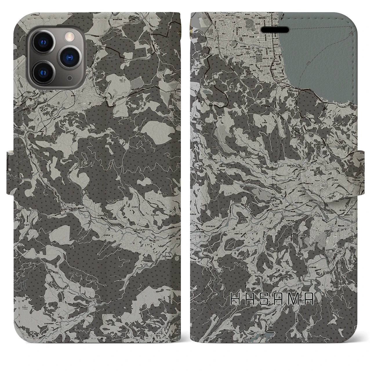 【挾間(大分県)】地図柄iPhoneケース(手帳タイプ)モノトーン・iPhone 11 Pro Max 用