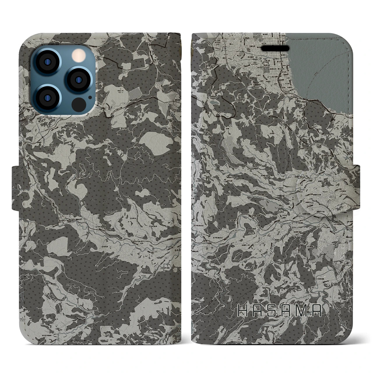 【挾間(大分県)】地図柄iPhoneケース(手帳タイプ)モノトーン・iPhone 12 / 12 Pro 用