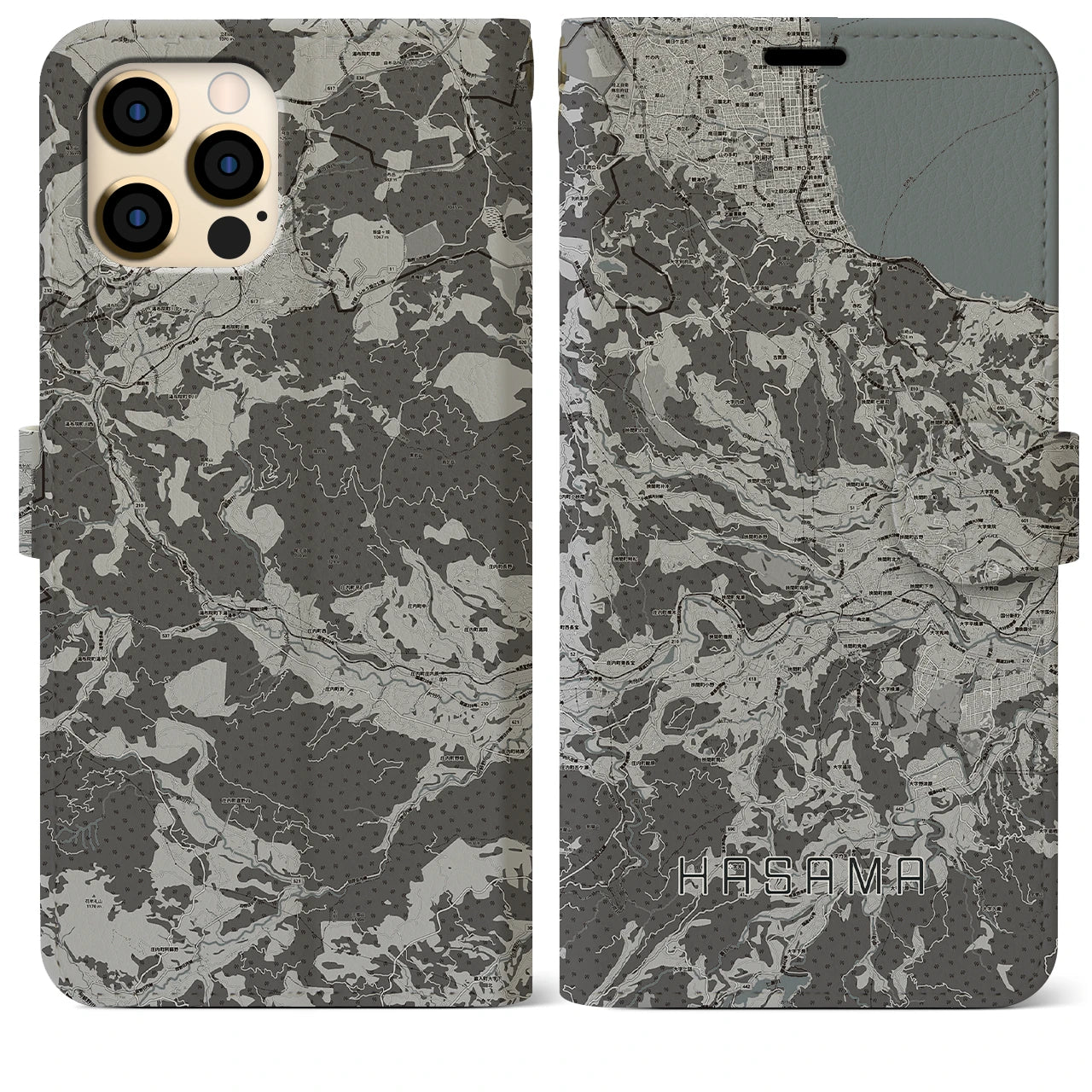 【挾間(大分県)】地図柄iPhoneケース(手帳タイプ)モノトーン・iPhone 12 Pro Max 用