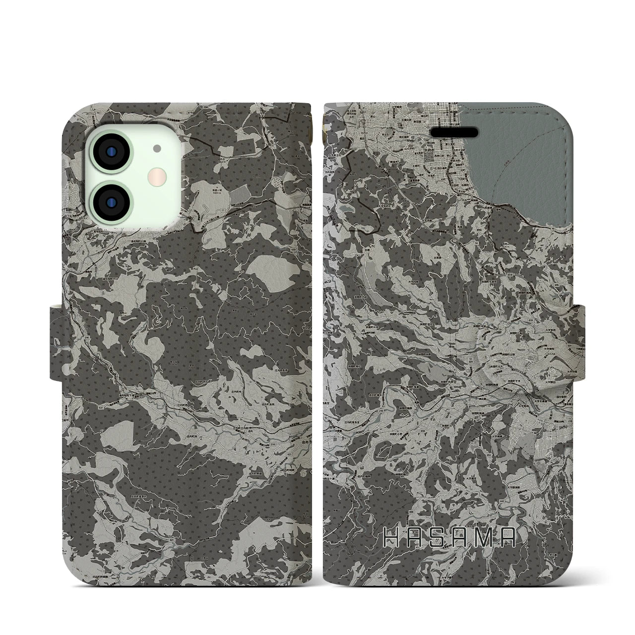 【挾間(大分県)】地図柄iPhoneケース(手帳タイプ)モノトーン・iPhone 12 mini 用