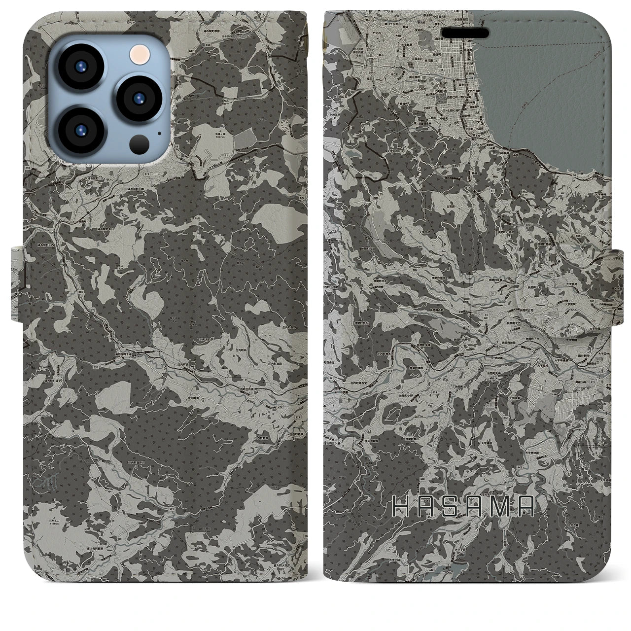 【挾間(大分県)】地図柄iPhoneケース(手帳タイプ)モノトーン・iPhone 13 Pro Max 用