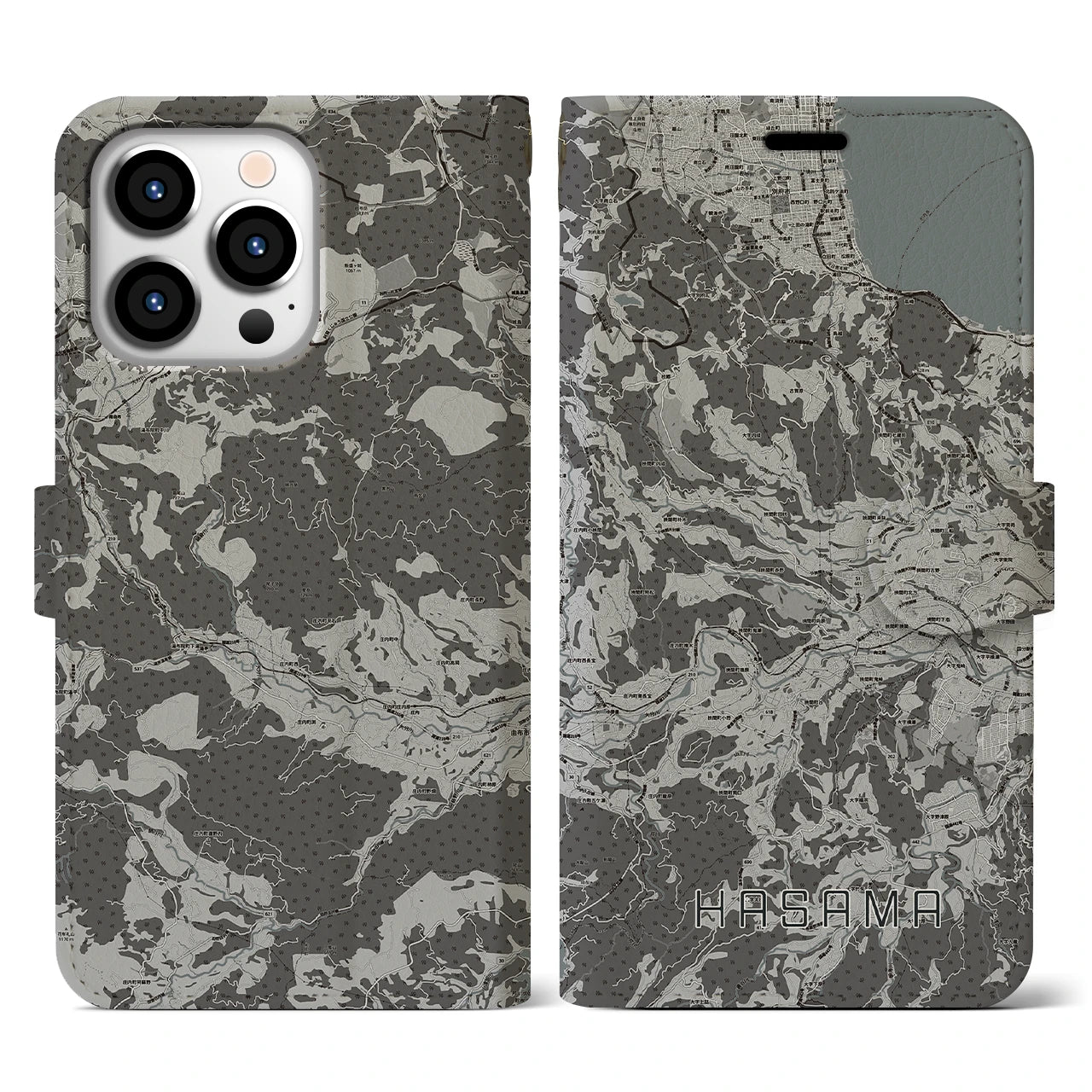 【挾間(大分県)】地図柄iPhoneケース(手帳タイプ)モノトーン・iPhone 13 Pro 用