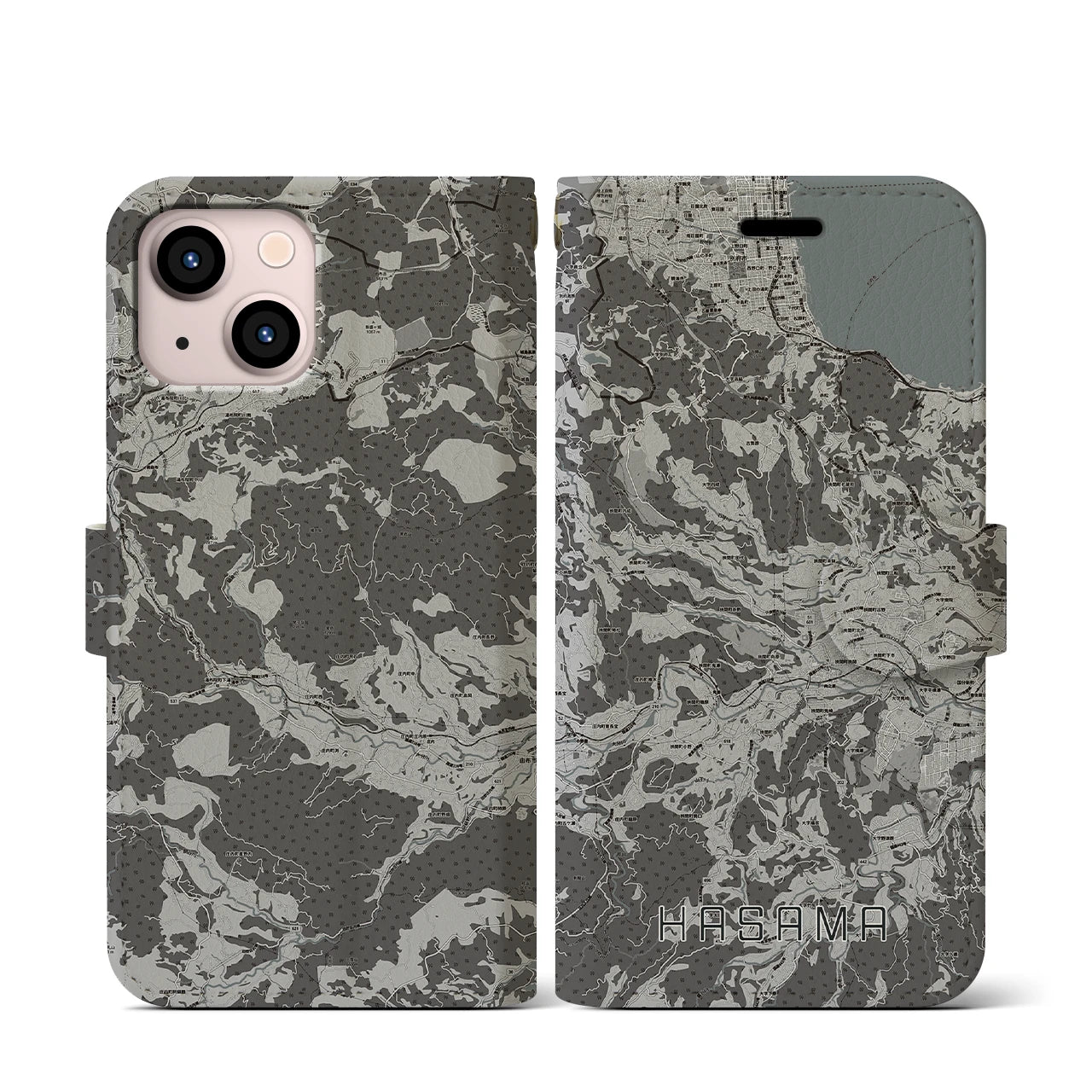 【挾間(大分県)】地図柄iPhoneケース(手帳タイプ)モノトーン・iPhone 13 mini 用