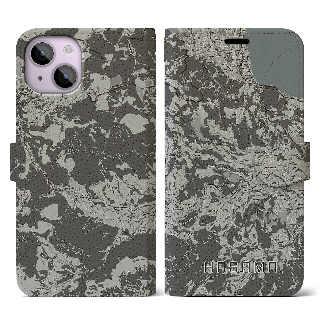 【挾間(大分県)】地図柄iPhoneケース(手帳タイプ)モノトーン・iPhone 14 用