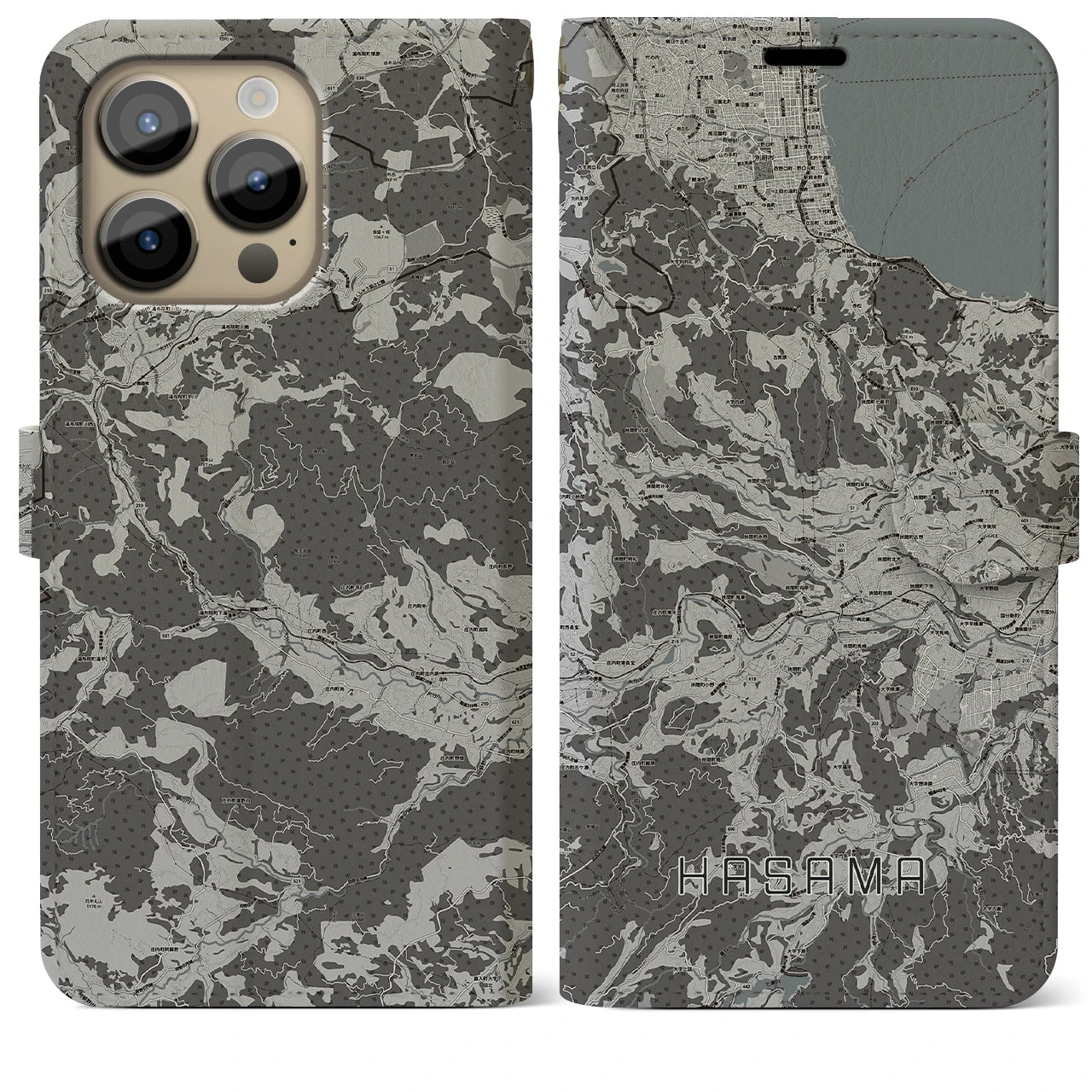 【挾間(大分県)】地図柄iPhoneケース(手帳タイプ)モノトーン・iPhone 14 Pro Max 用