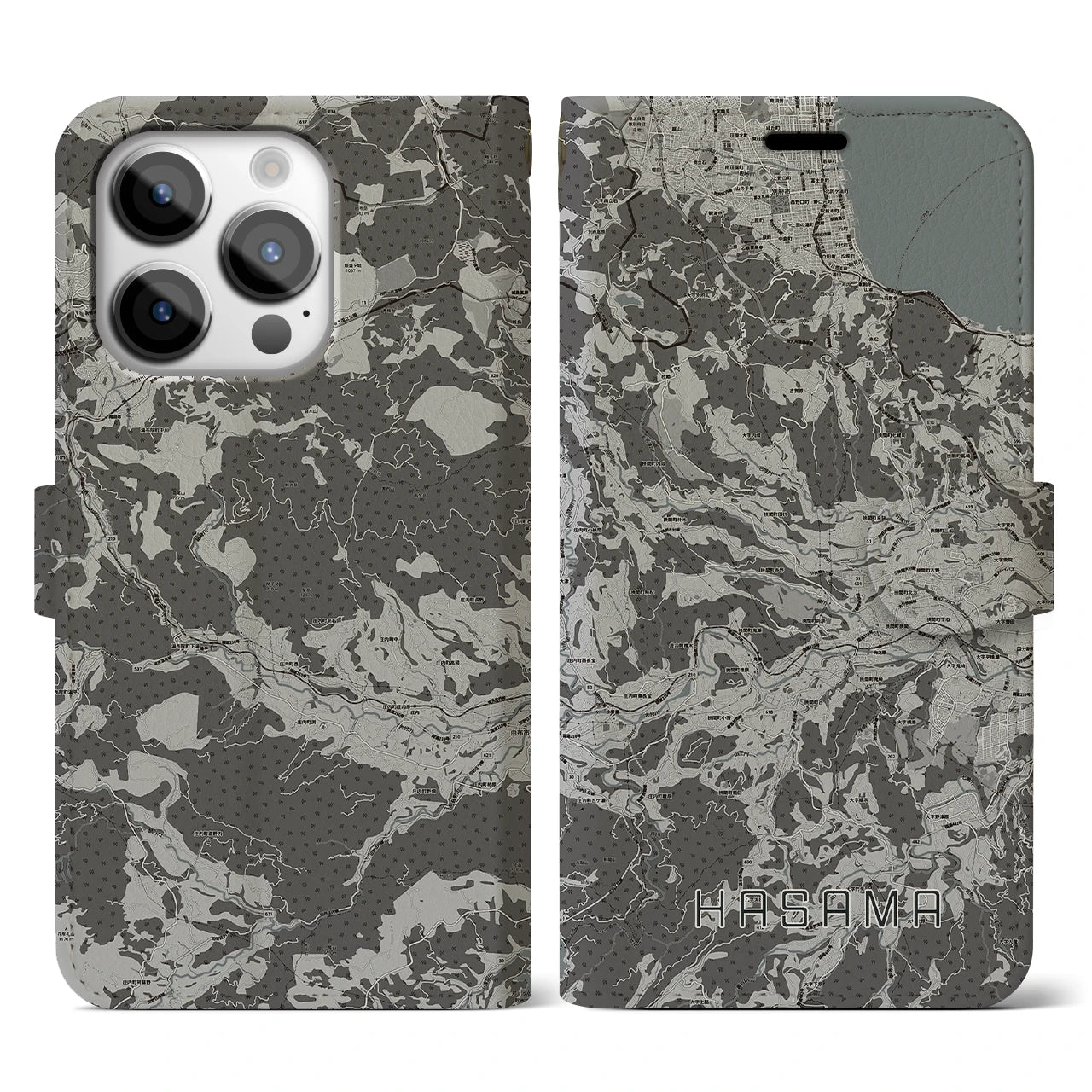 【挾間(大分県)】地図柄iPhoneケース(手帳タイプ)モノトーン・iPhone 14 Pro 用