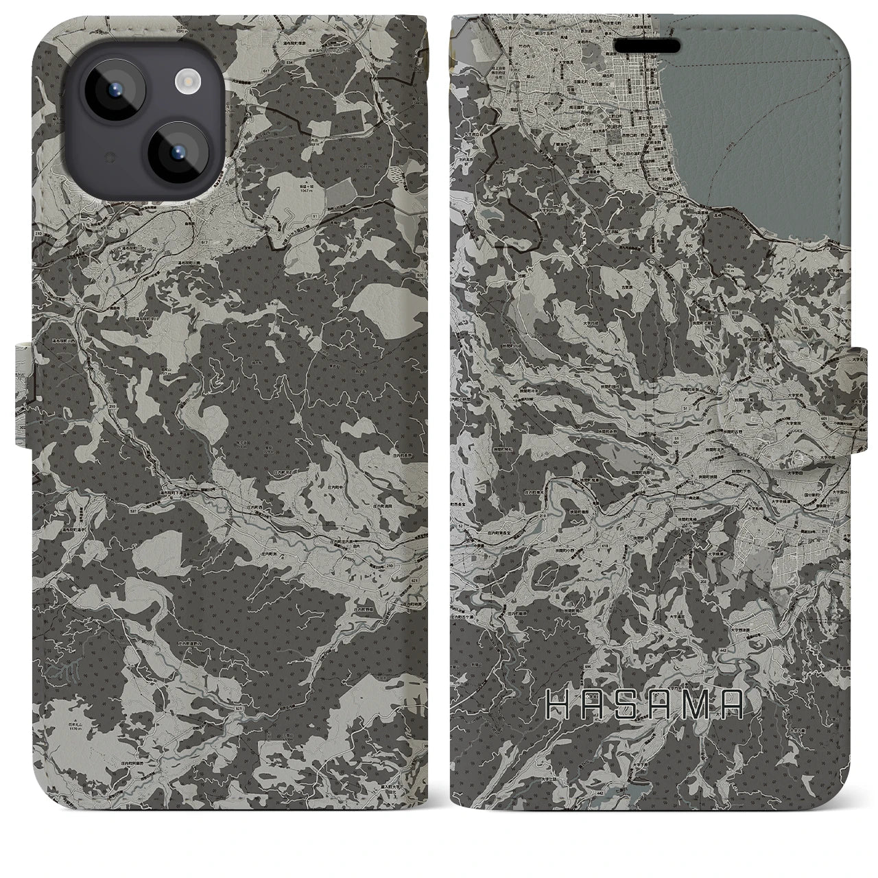 【挾間(大分県)】地図柄iPhoneケース(手帳タイプ)モノトーン・iPhone 14 Plus 用