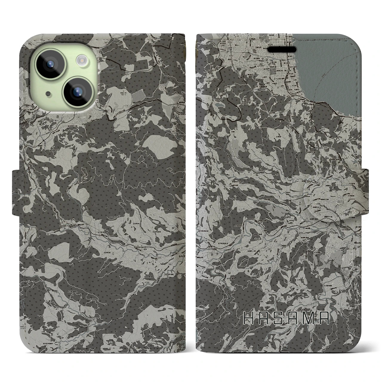 【挾間(大分県)】地図柄iPhoneケース(手帳タイプ)モノトーン・iPhone 15 用