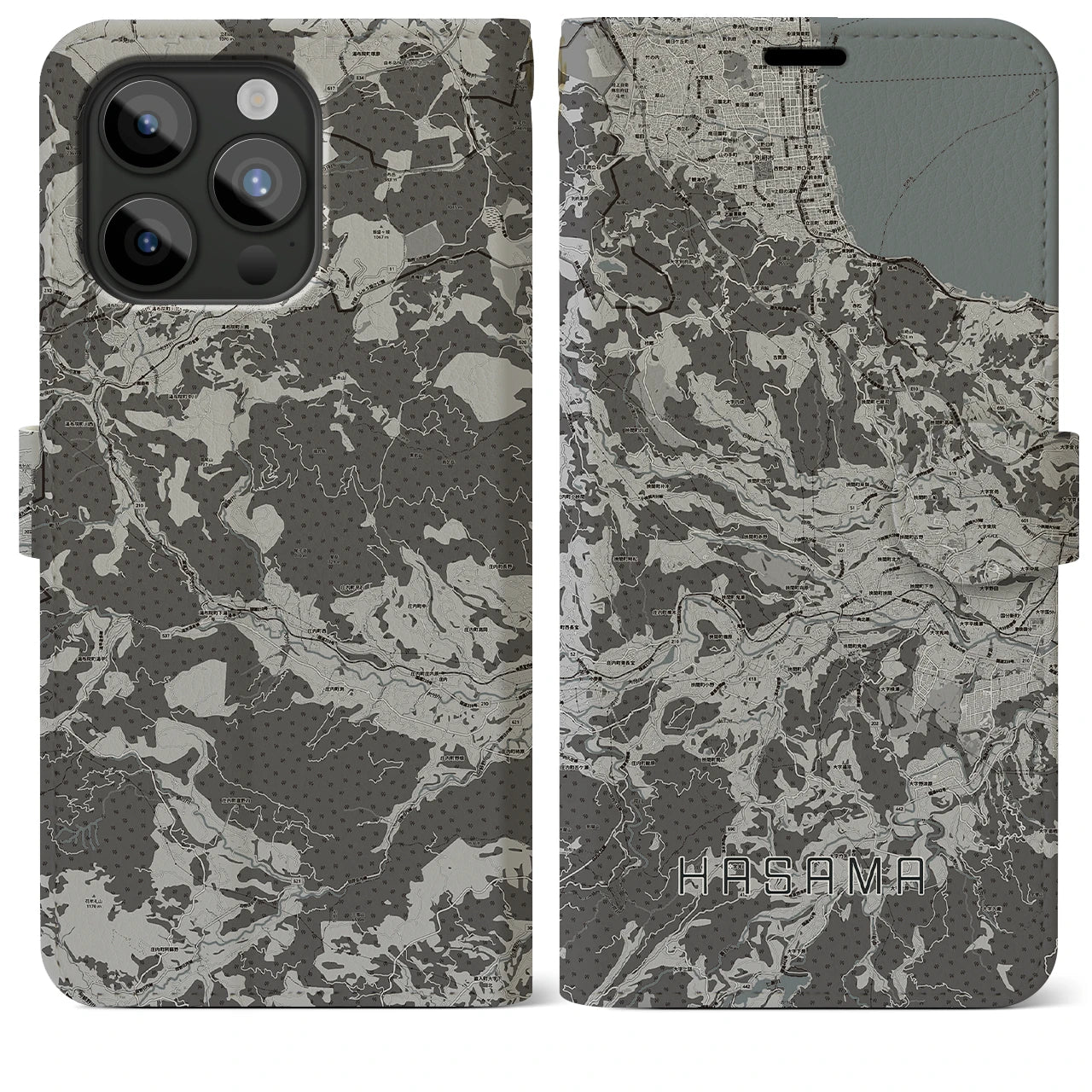 【挾間(大分県)】地図柄iPhoneケース(手帳タイプ)モノトーン・iPhone 15 Pro Max 用