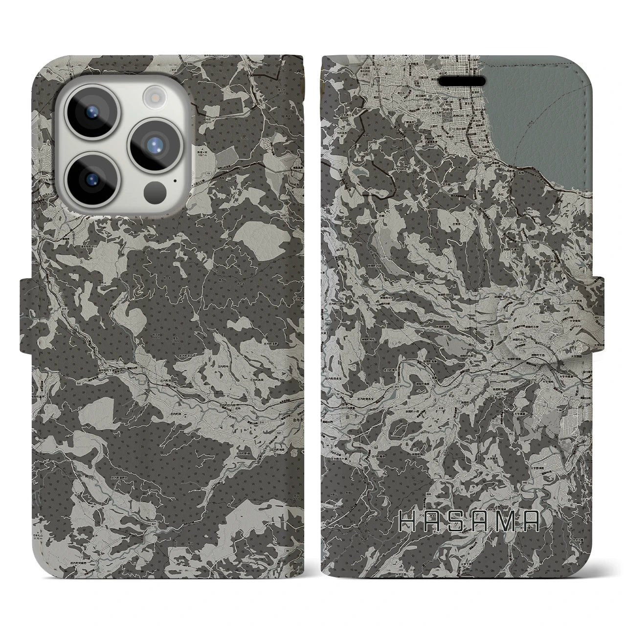 【挾間(大分県)】地図柄iPhoneケース(手帳タイプ)モノトーン・iPhone 15 Pro 用
