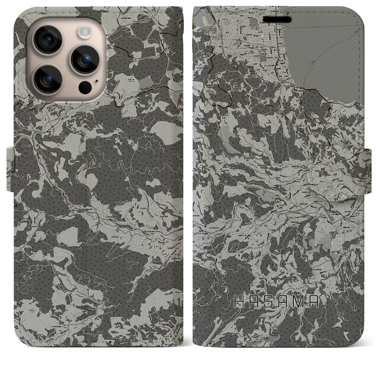 【挾間(大分県)】地図柄iPhoneケース(手帳タイプ)モノトーン・iPhone 16 Plus 用