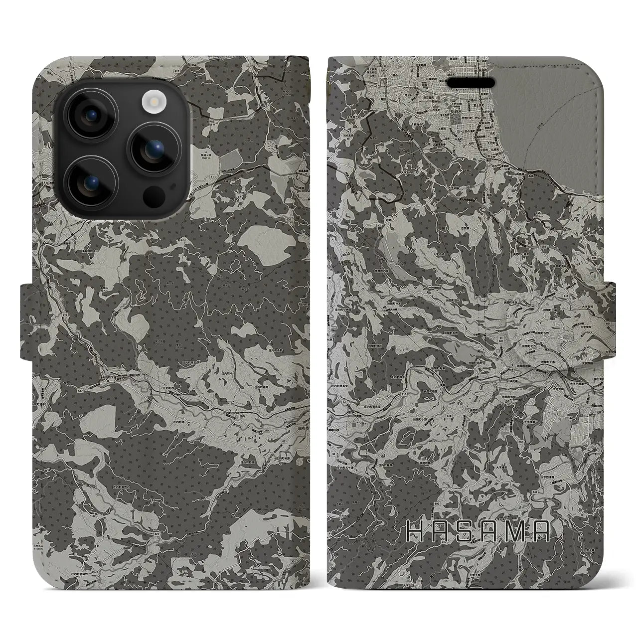 【挾間(大分県)】地図柄iPhoneケース(手帳タイプ)モノトーン・iPhone 16 用