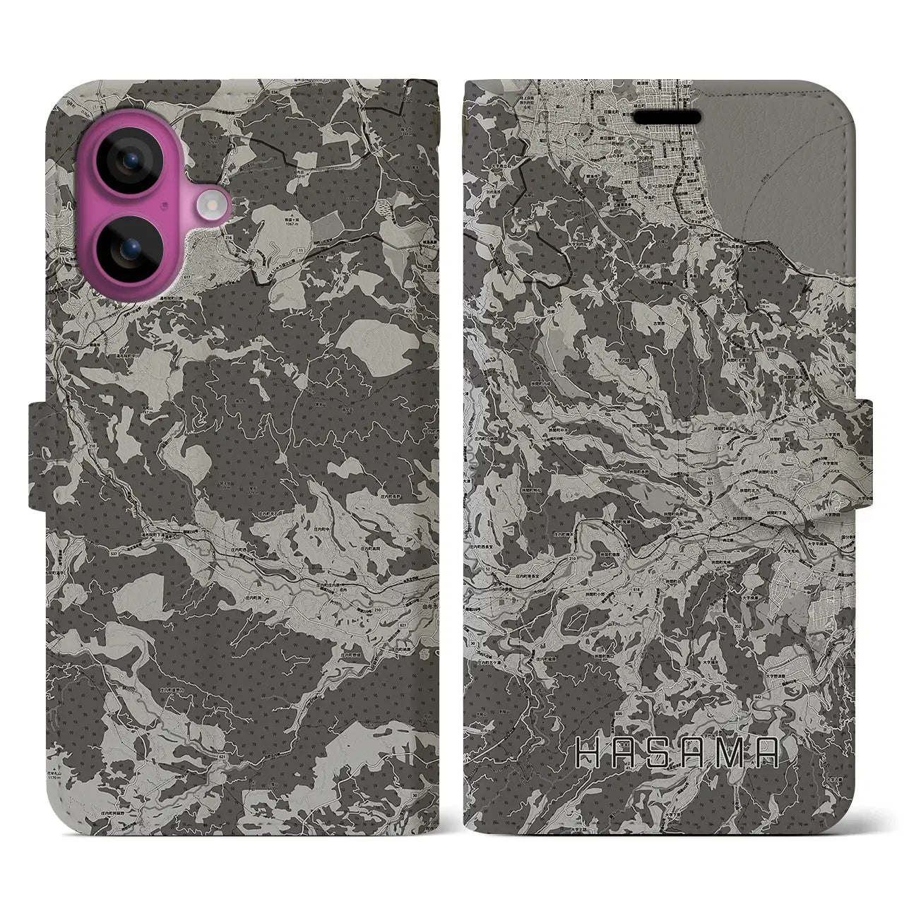 【挾間(大分県)】地図柄iPhoneケース(手帳タイプ)モノトーン・iPhone 16 Pro 用
