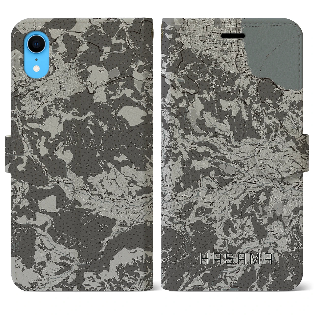 【挾間(大分県)】地図柄iPhoneケース(手帳タイプ)モノトーン・iPhone XR 用