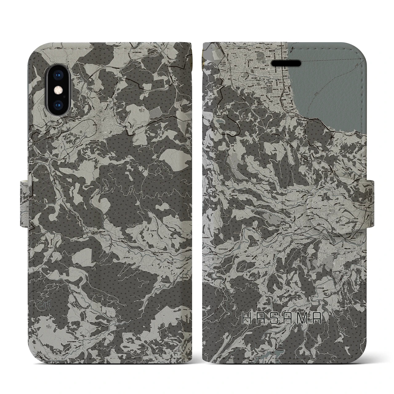 【挾間(大分県)】地図柄iPhoneケース(手帳タイプ)モノトーン・iPhone XS / X 用