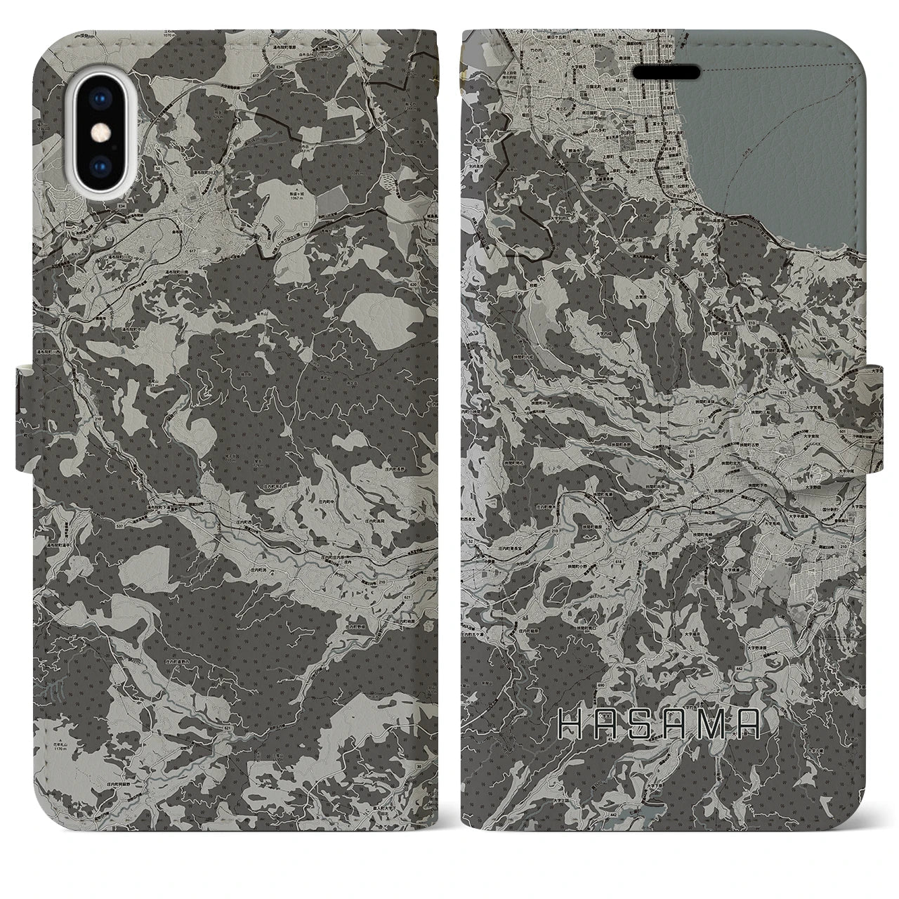 【挾間(大分県)】地図柄iPhoneケース(手帳タイプ)モノトーン・iPhone XS Max 用